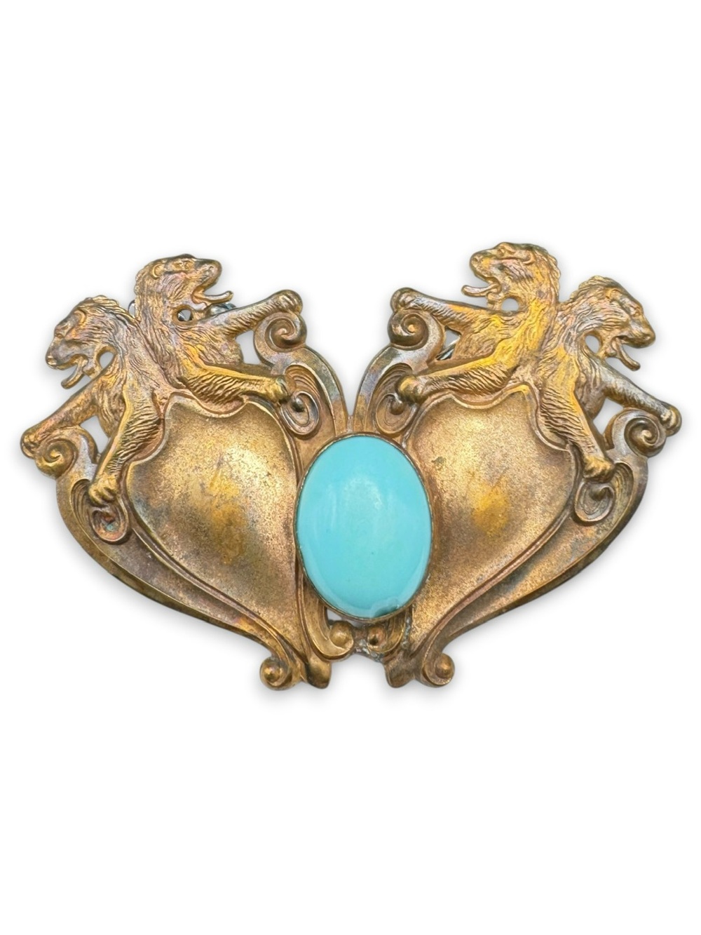 Antique Art Nouveau Brass & Turquoise Blue Glass Cabochon & Lion Sash Pin